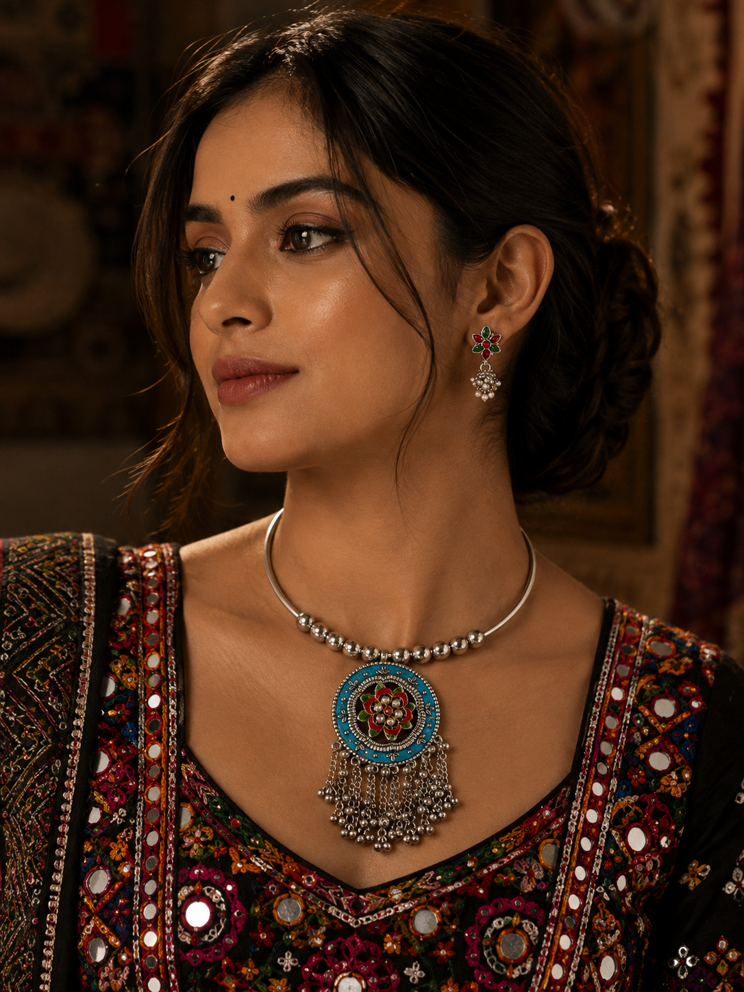Navratri Multicolor Oxidised Hasli Necklace & Earrings Set