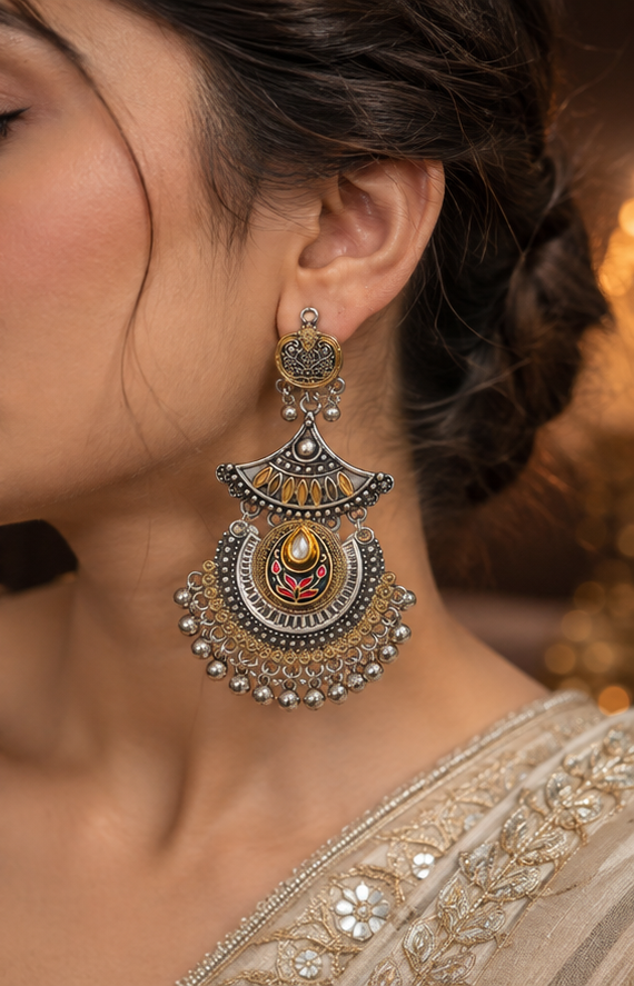 Multicolor Oxidised Chandbali Earrings