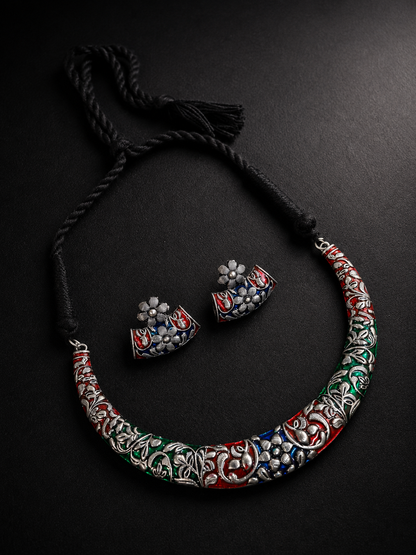 Navratri Multicolor Oxidised Hasli Necklace & Earrings Set