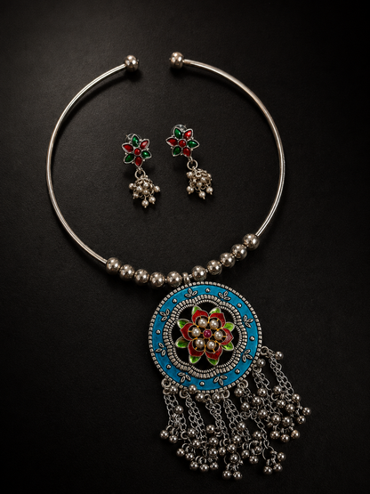 Navratri Multicolor Oxidised Hasli Necklace & Earrings Set