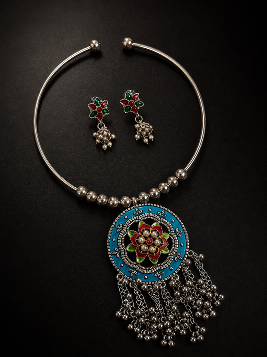Navratri Multicolor Oxidised Hasli Necklace & Earrings Set