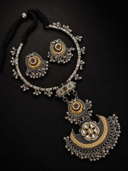 Navratri Oxidised Crescent Hasli Necklace & Earrings Set