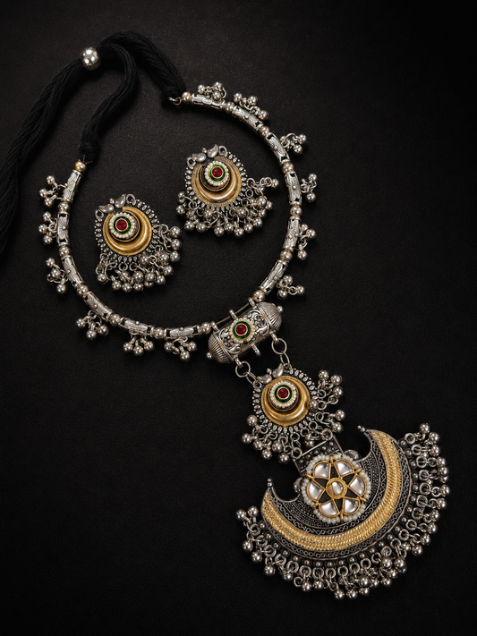 Navratri Oxidised Crescent Hasli Necklace & Earrings Set
