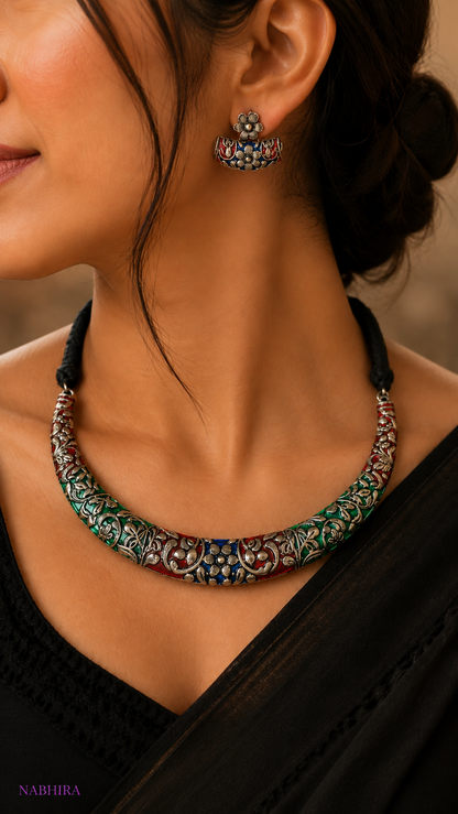 Navratri Multicolor Oxidised Hasli Necklace & Earrings Set