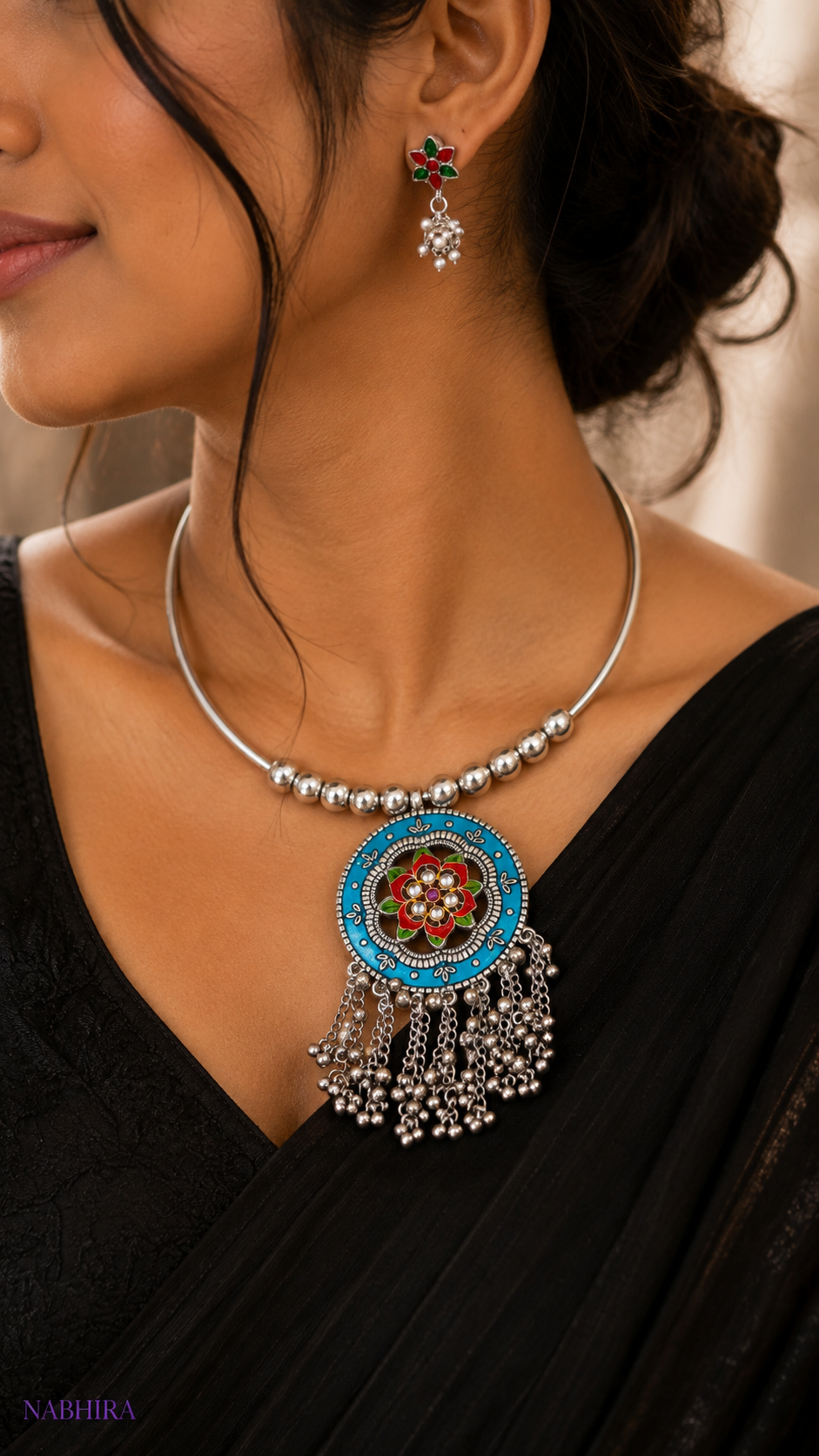 Navratri Multicolor Oxidised Hasli Necklace & Earrings Set