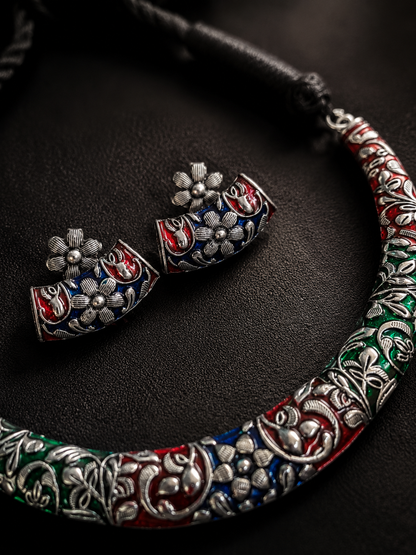 Navratri Multicolor Oxidised Hasli Necklace & Earrings Set