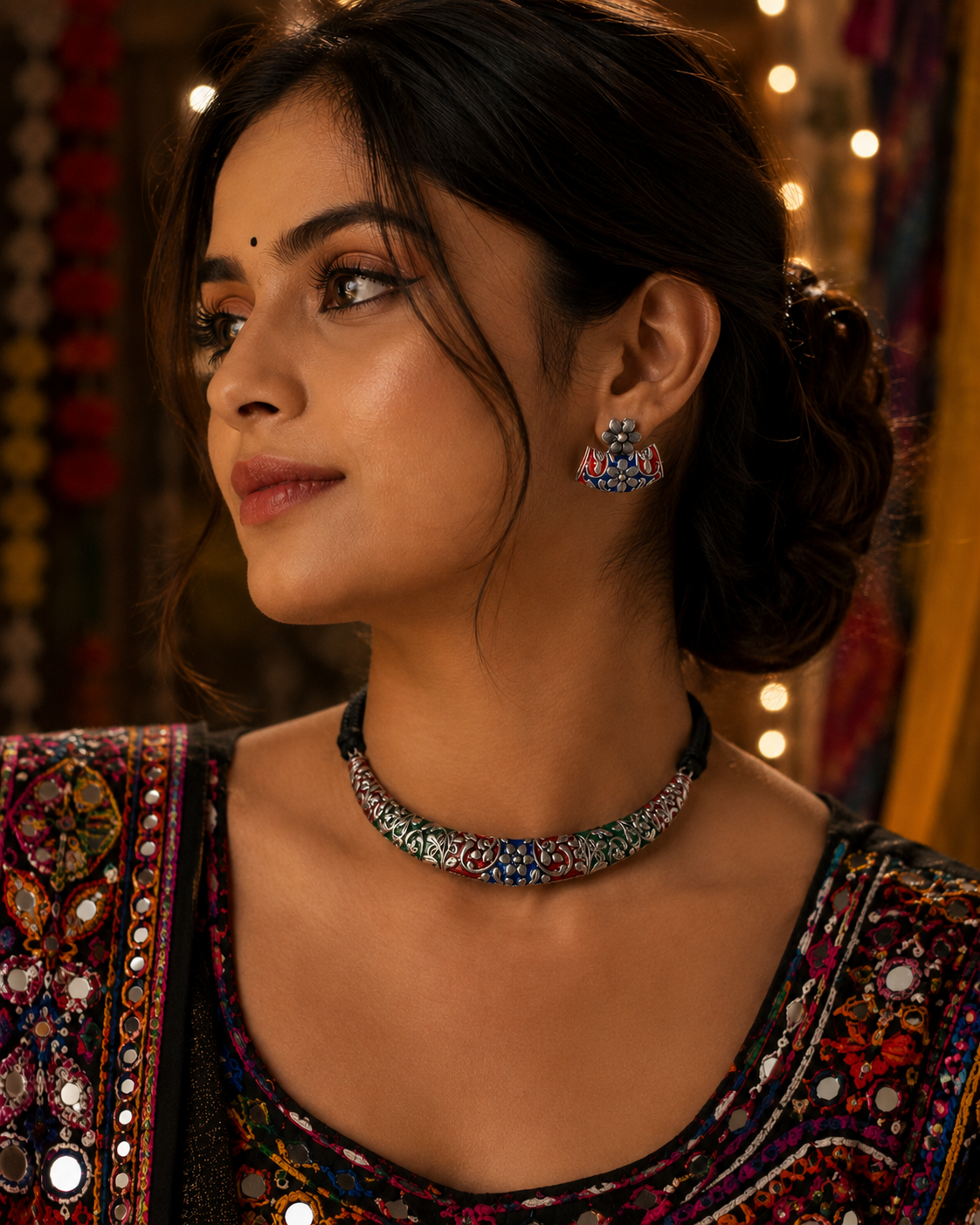 Navratri Multicolor Oxidised Hasli Necklace & Earrings Set