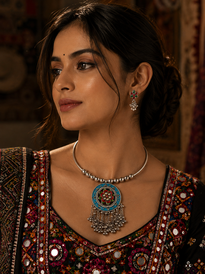 Navratri Multicolor Oxidised Hasli Necklace & Earrings Set
