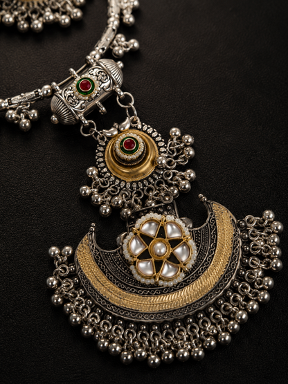 Navratri Oxidised Crescent Hasli Necklace & Earrings Set