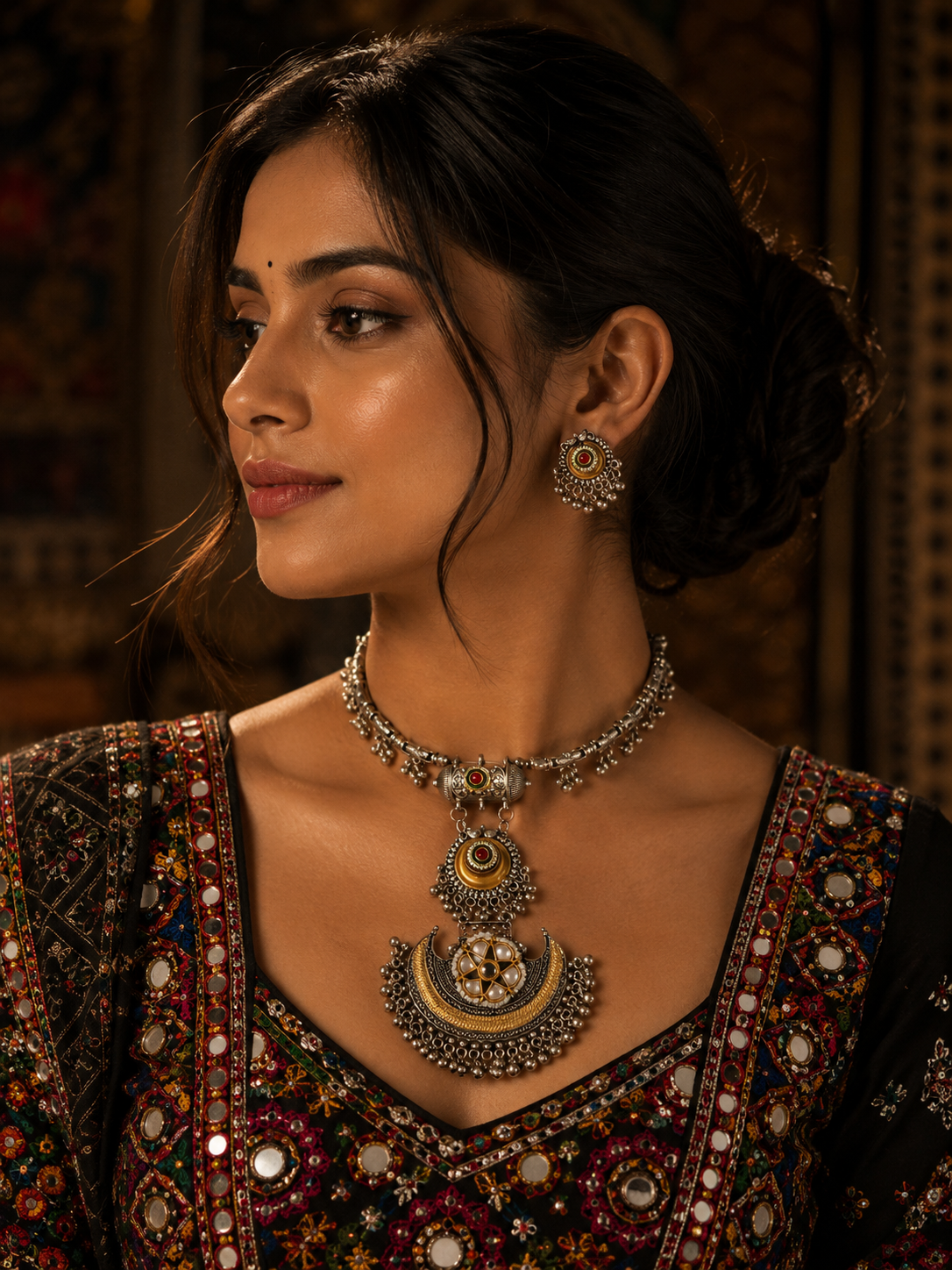Navratri Oxidised Crescent Hasli Necklace & Earrings Set