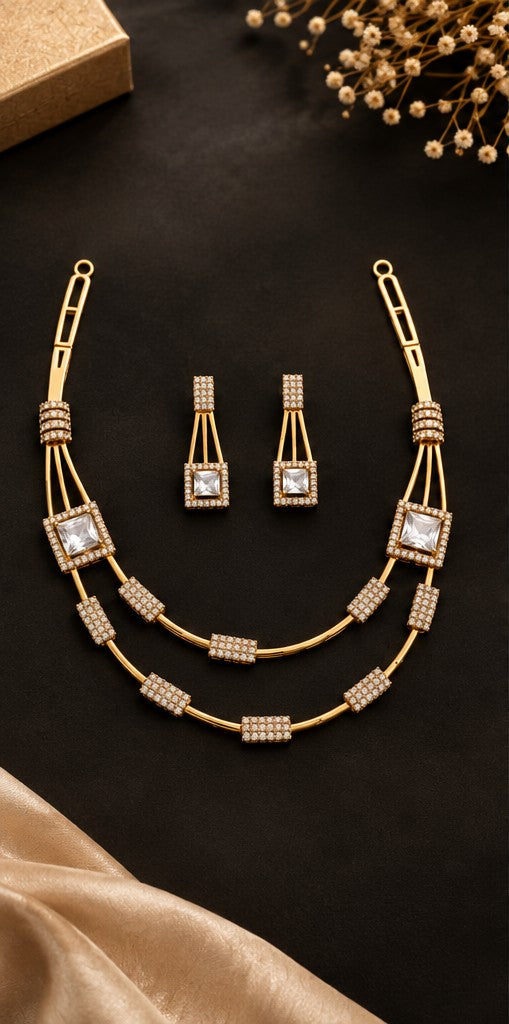 AD Diamond Layered Necklace & Earrings Set