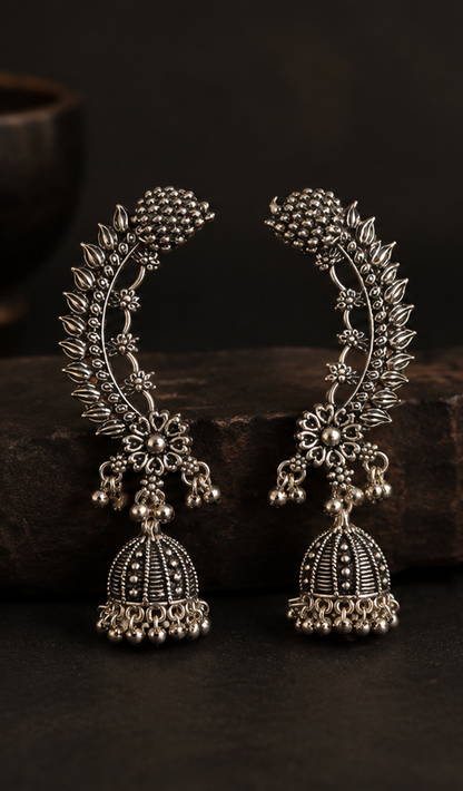 Traditional Oxidised Peacock (kan)Jhumka Earrings