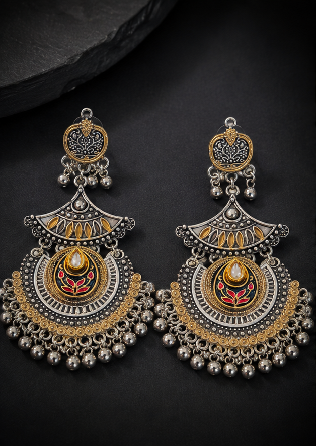 Multicolor Oxidised Chandbali Earrings