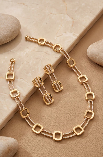 AD Diamond Geometric Necklace & Earrings Set