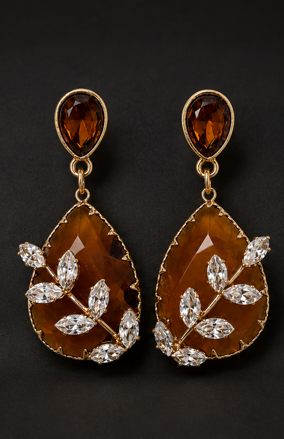 AD Diamond Leaf Drop Earrings