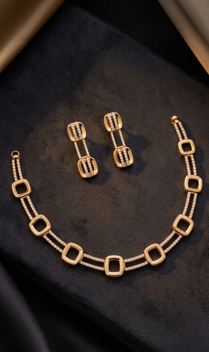 AD Diamond Geometric Necklace & Earrings Set