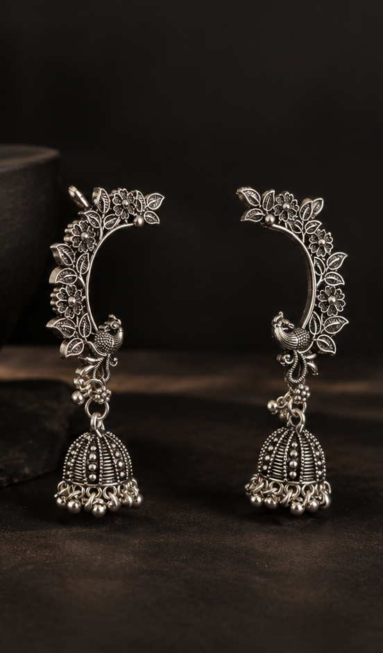 Traditional Oxidised Peacock (kan)Jhumka Earrings