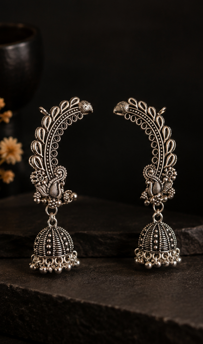 Traditional Oxidised Peacock (kan)Jhumka Earrings
