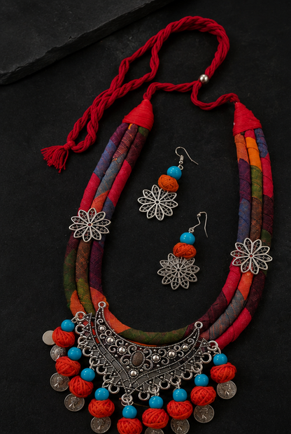 Handcrafted Multicolor Thread Necklace & Earrings Set