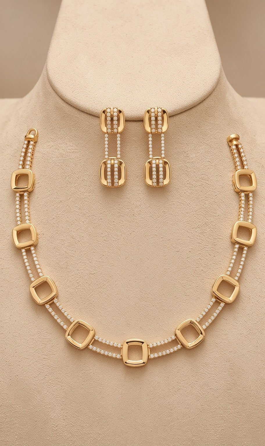 AD Diamond Geometric Necklace & Earrings Set