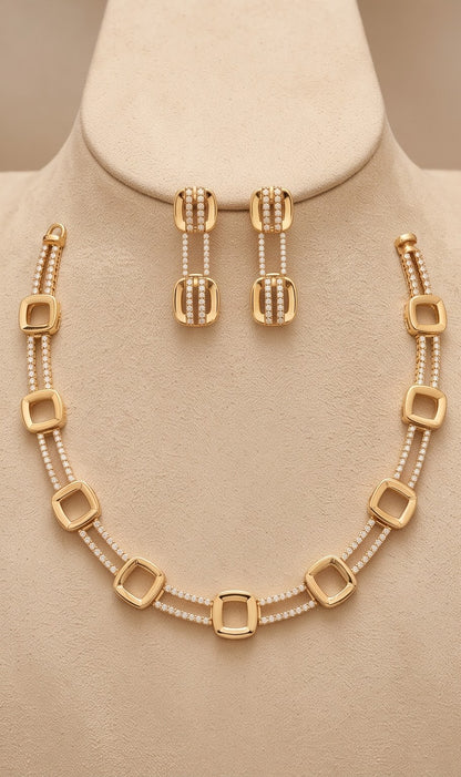 AD Diamond Geometric Necklace & Earrings Set