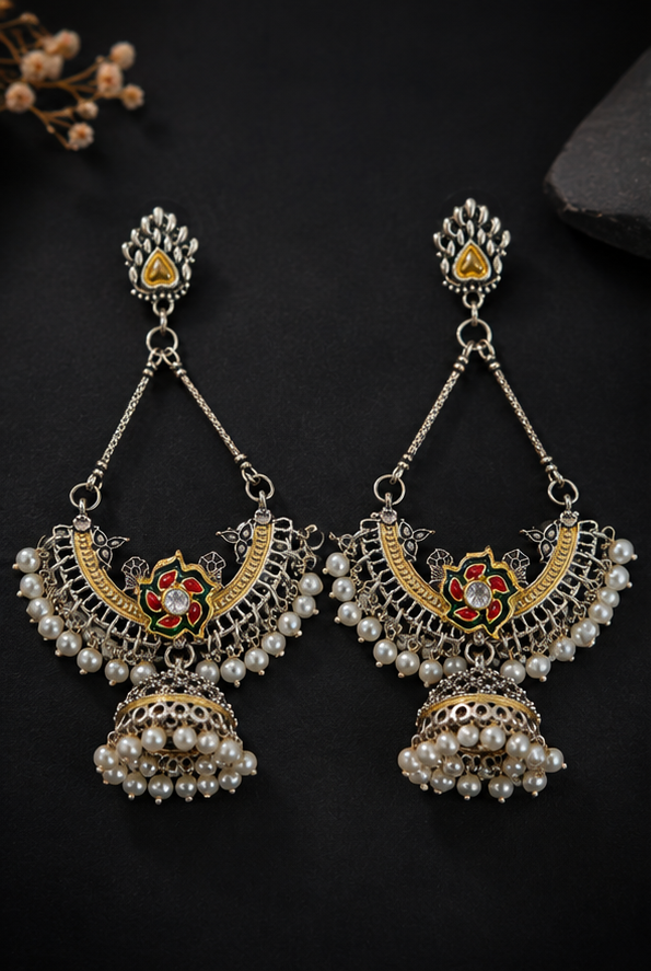 Oxidised Pearl Jhumka Earrings