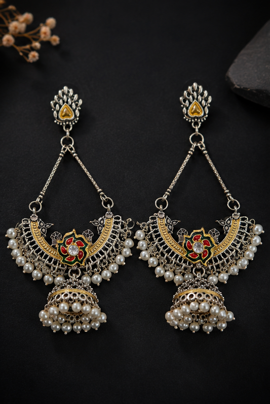 Oxidised Pearl Jhumka Earrings