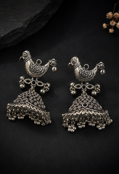 Oxidised Bird Jhumka Earrings