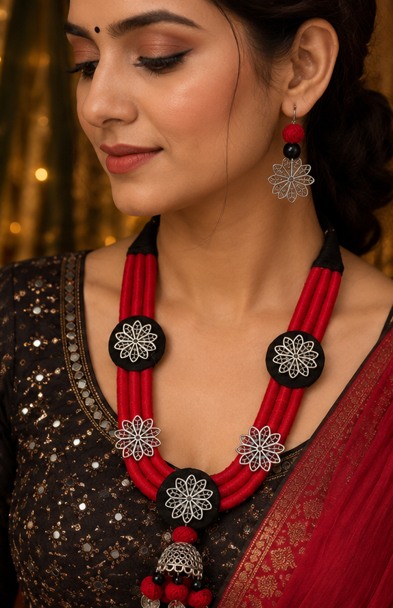 Red Thread Handcrafted Necklace & Earrings Set
