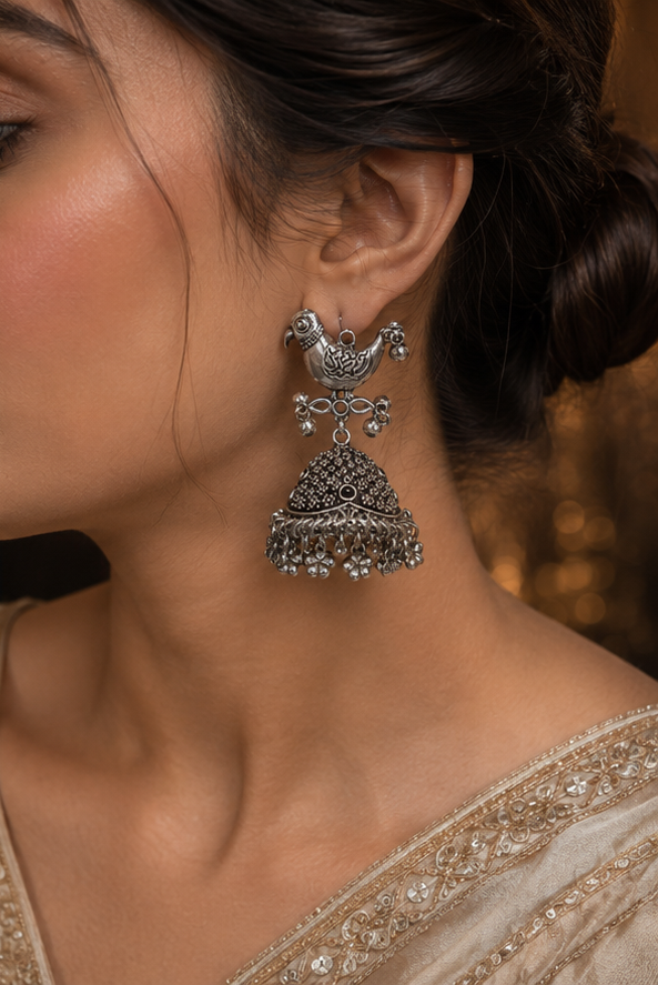 Oxidised Bird Jhumka Earrings