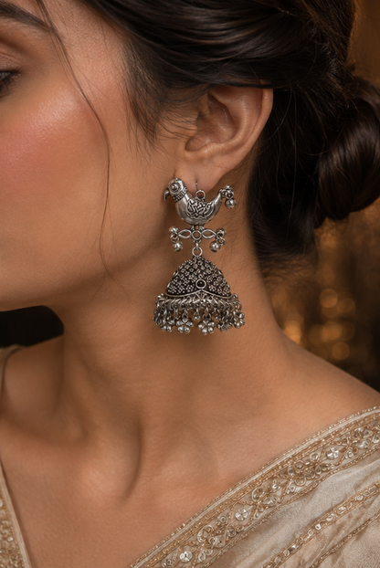 Oxidised Bird Jhumka Earrings