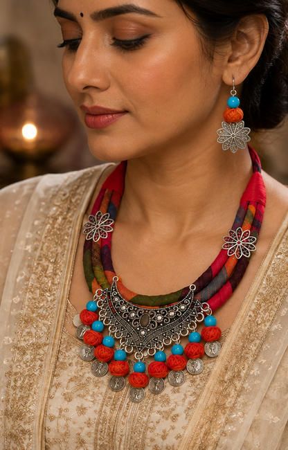 Handcrafted Multicolor Thread Necklace & Earrings Set
