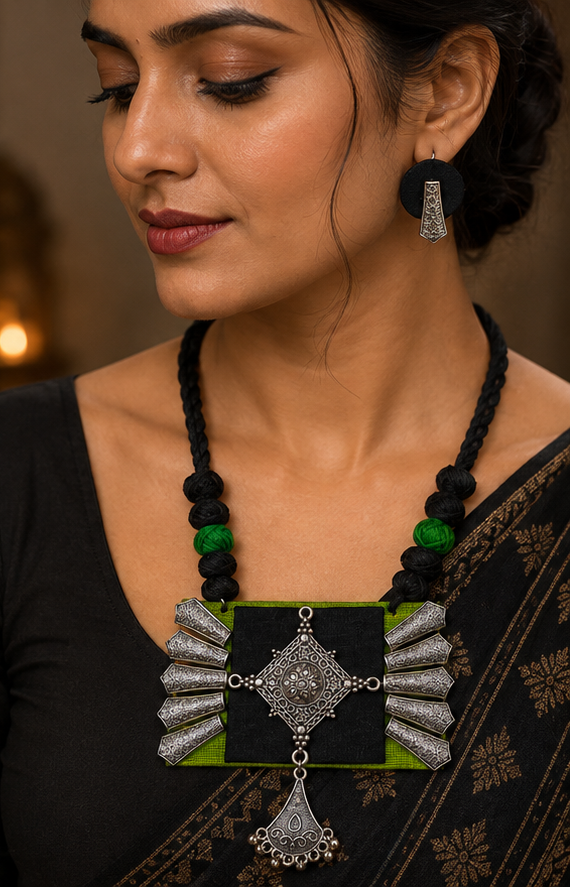 Handcrafted Thread Oxidised Necklace Set with Earrings