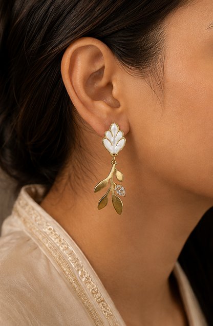 White Leaf Anti-Tarnish Drop Earrings