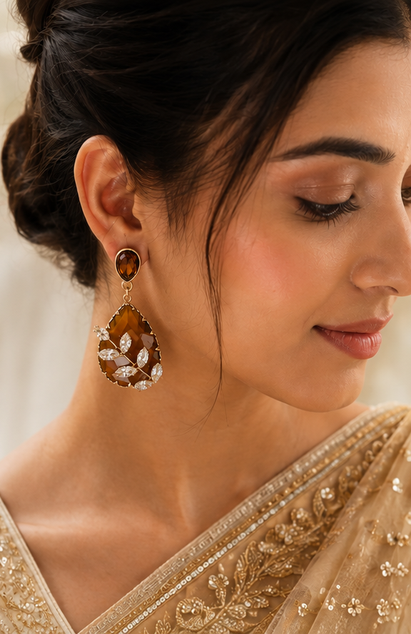 AD Diamond Leaf Drop Earrings
