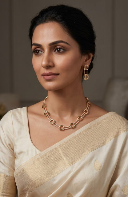 AD Diamond Geometric Necklace & Earrings Set
