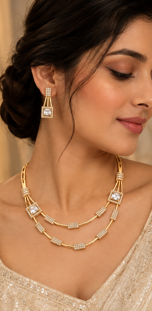 AD Diamond Layered Necklace & Earrings Set