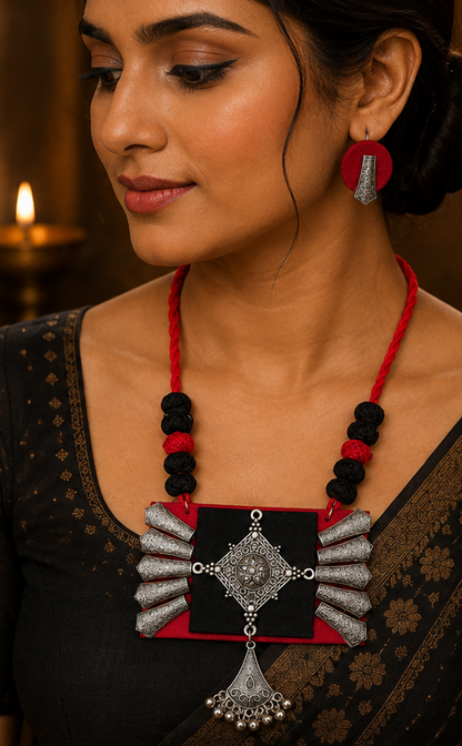 Handcrafted Thread Oxidised Necklace Set with Earrings