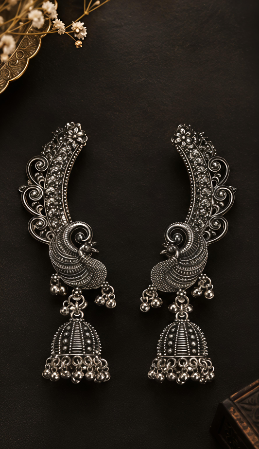 Traditional Oxidised Peacock (kan)Jhumka Earrings