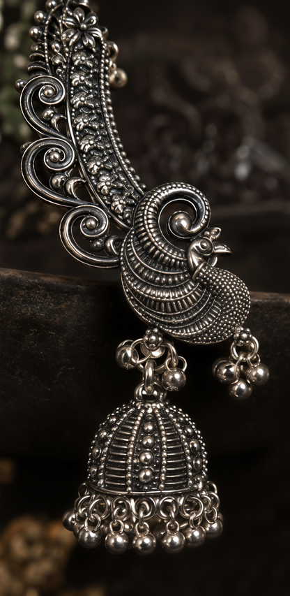 Traditional Oxidised Peacock (kan)Jhumka Earrings