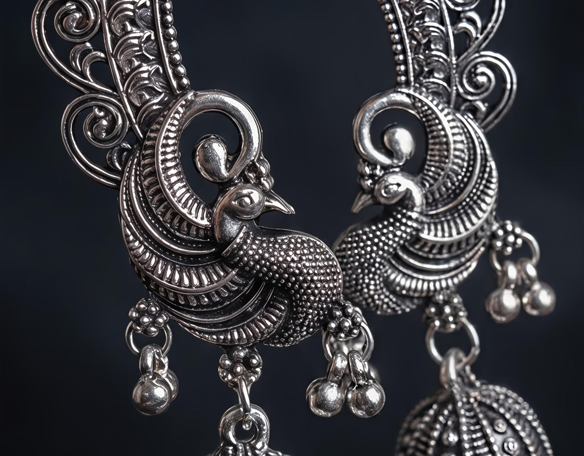 Traditional Oxidised Peacock (kan)Jhumka Earrings