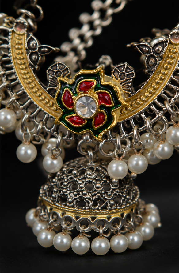Oxidised Pearl Jhumka Earrings