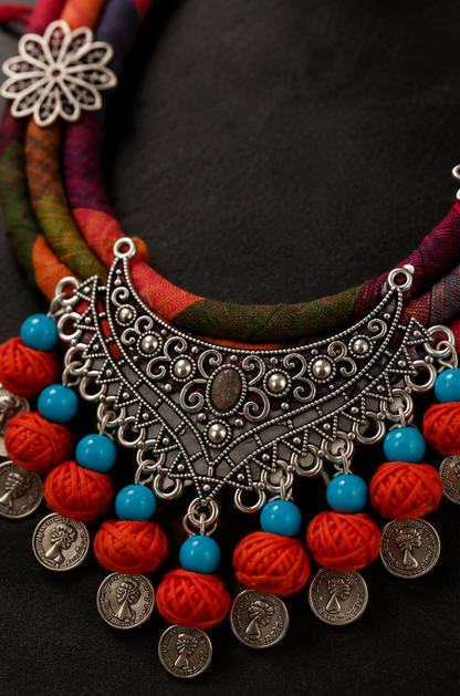 Handcrafted Multicolor Thread Necklace & Earrings Set