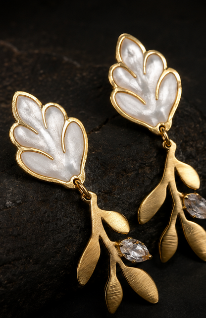 White Leaf Anti-Tarnish Drop Earrings